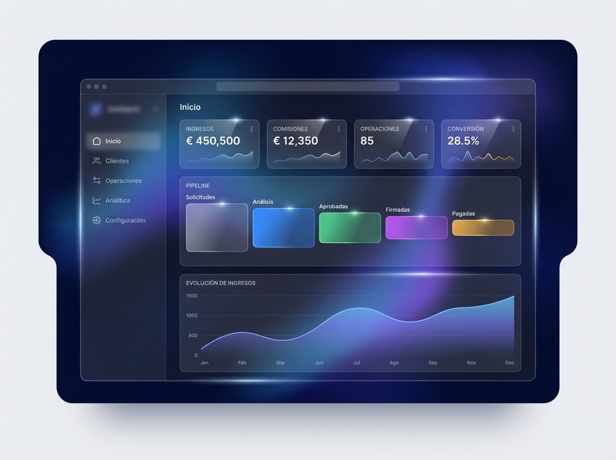 Dashboard del CRM hipotecario NexoBrokers con IA — panel de operaciones, métricas de conversión y automatizaciones para brokers hipotecarios en España